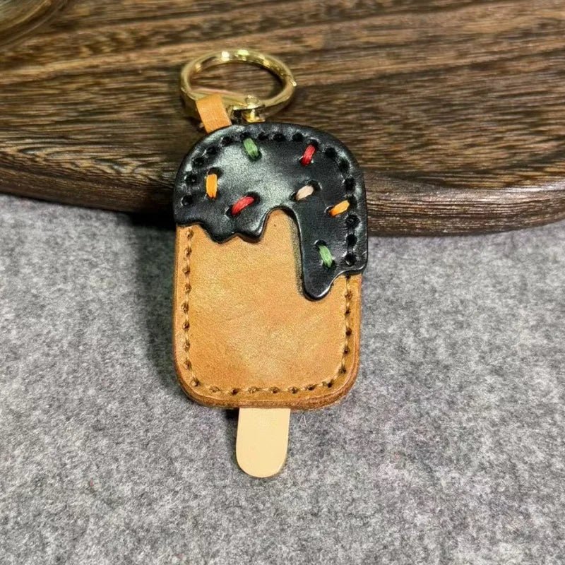 Chocolate Ice Cream Leather Bag Charm – Handmade Full - Grain Cowhide Keychain | Cute Popsicle Pendant for Handbags | Sweet & Stylish Gift Idea - shewearing