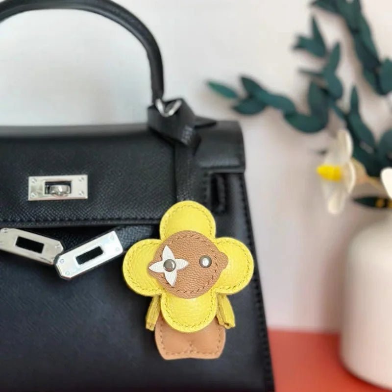 Clover Doll Sunflower Leather Bag Charm – Handmade French Lambskin Pendant | Whimsical Cartoon Keychain | Unique Luxury Accessory & Cute Gift for Women - shewearing