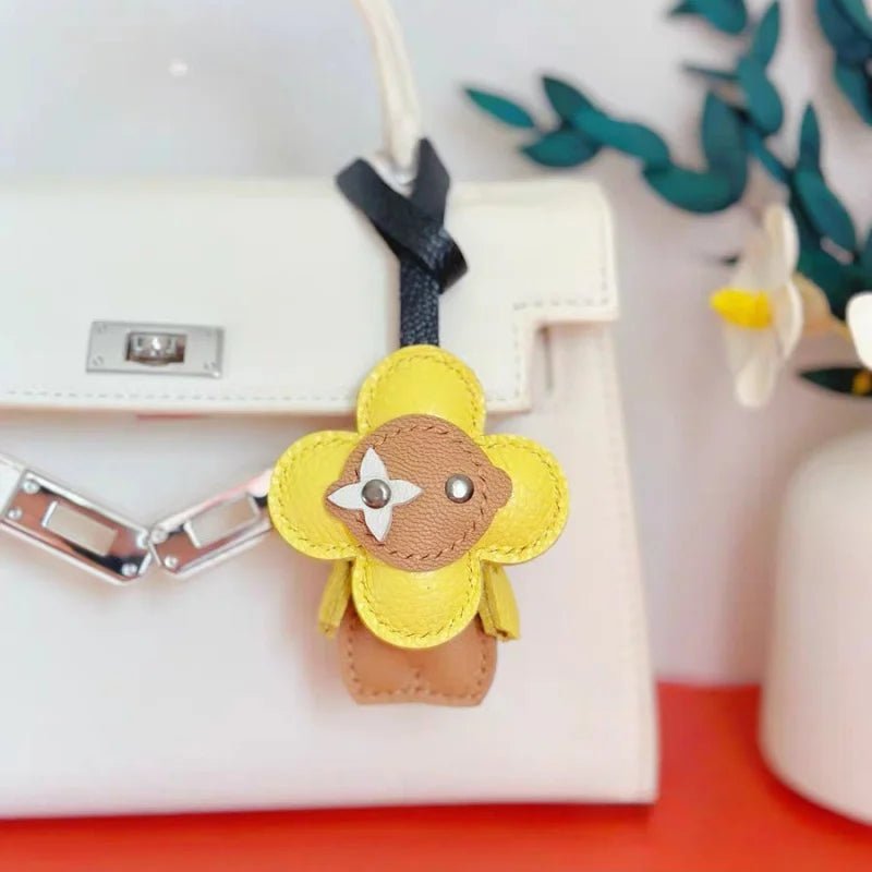 Clover Doll Sunflower Leather Bag Charm – Handmade French Lambskin Pendant | Whimsical Cartoon Keychain | Unique Luxury Accessory & Cute Gift for Women - shewearing