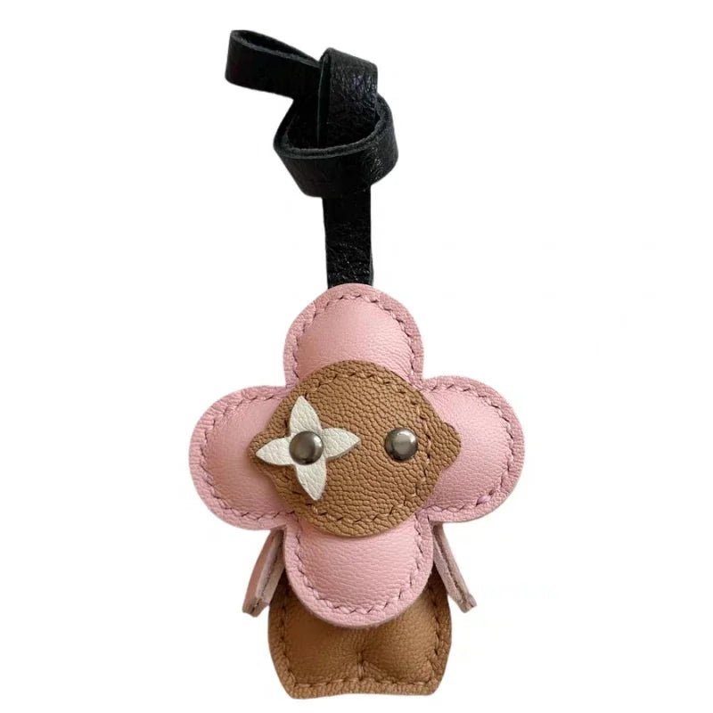 Clover Doll Sunflower Leather Bag Charm – Handmade French Lambskin Pendant | Whimsical Cartoon Keychain | Unique Luxury Accessory & Cute Gift for Women - shewearing