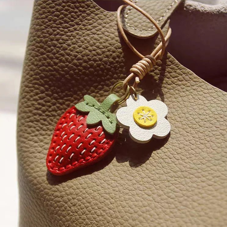 Cute Strawberry Leather Bag Charm – Handcrafted Fruit - Inspired Pendant with Daisy Detail | Playful Keychain Accessory | Lovely Gift for Women - shewearing