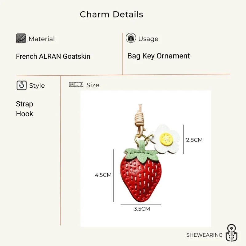 Cute Strawberry Leather Bag Charm – Handcrafted Fruit - Inspired Pendant with Daisy Detail | Playful Keychain Accessory | Lovely Gift for Women - shewearing