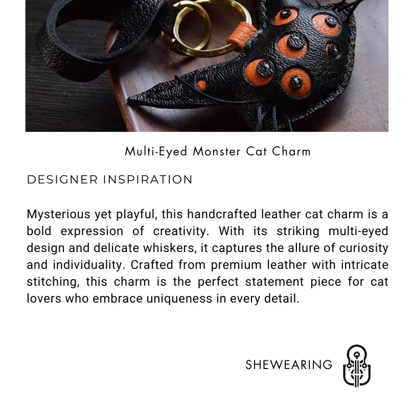 Designer Handcrafted Multi - Eyed Leather Cat Bag Charm | Unique Keychain for Bags & Cars | Personalized Gift for Cat Lovers - shewearing