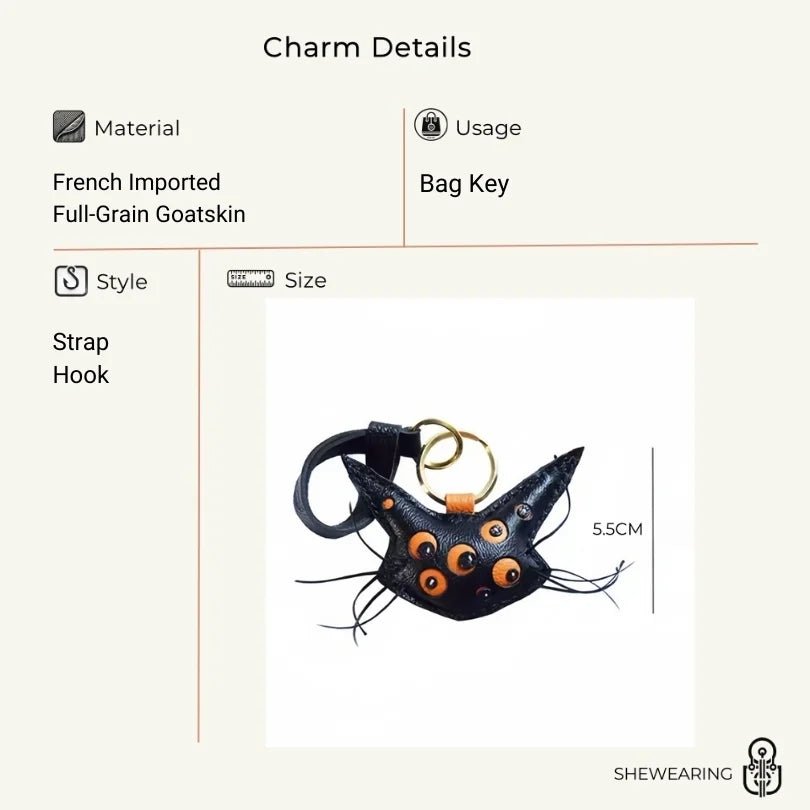 Designer Handcrafted Multi - Eyed Leather Cat Bag Charm | Unique Keychain for Bags & Cars | Personalized Gift for Cat Lovers - shewearing