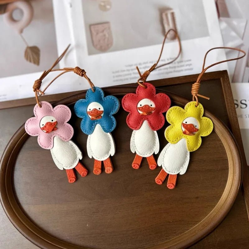 Flower Duck Leather Bag Charm – Handcrafted Animal Pendant Keychain | Cute Goose Accessory in Multiple Colors | Premium Leather Gift for Women & Kids - shewearing