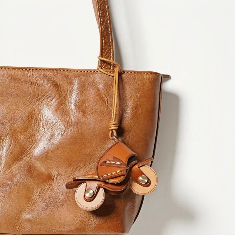 Flying Motorcycle Leather Bag Charm – Handcrafted Vegetable - Tanned Keychain for Bags or Keys, 3D Design, Unique Adventure - Inspired Gift - shewearing