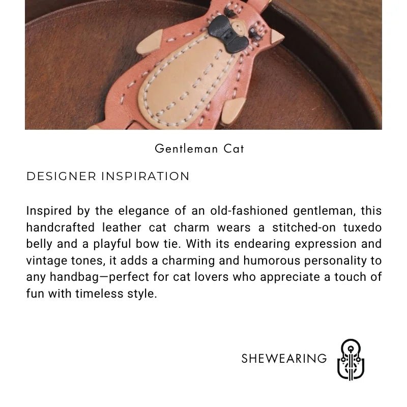 Gentleman Cat Leather Bag Charm – Handmade Full - Grain Leather Pendant | Vintage Bow - Tie Kitty Keychain | Cute & Quirky Gift for Her - shewearing