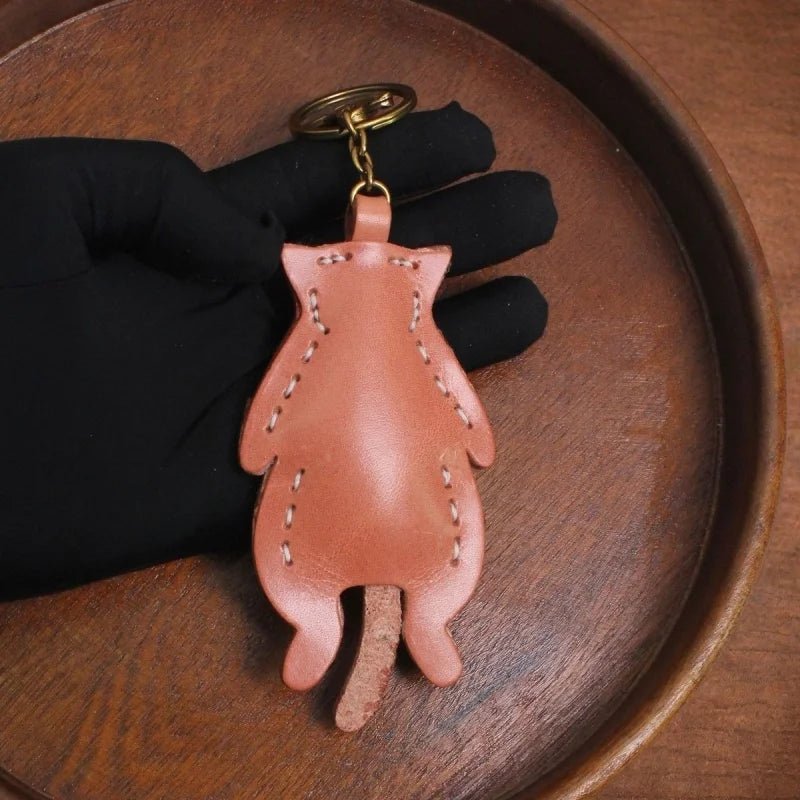 Gentleman Cat Leather Bag Charm – Handmade Full - Grain Leather Pendant | Vintage Bow - Tie Kitty Keychain | Cute & Quirky Gift for Her - shewearing