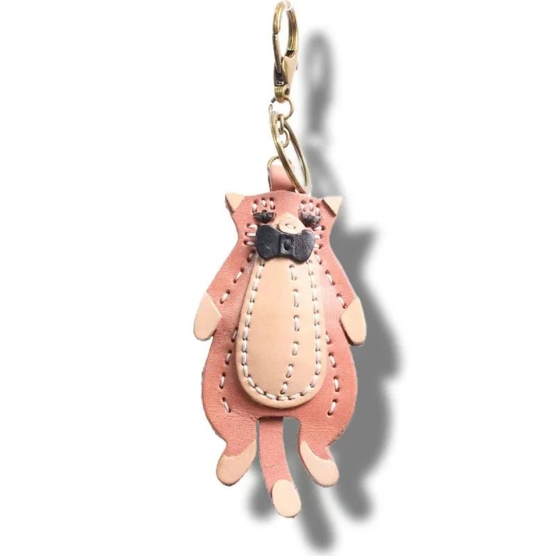 Gentleman Cat Leather Bag Charm – Handmade Full - Grain Leather Pendant | Vintage Bow - Tie Kitty Keychain | Cute & Quirky Gift for Her - shewearing