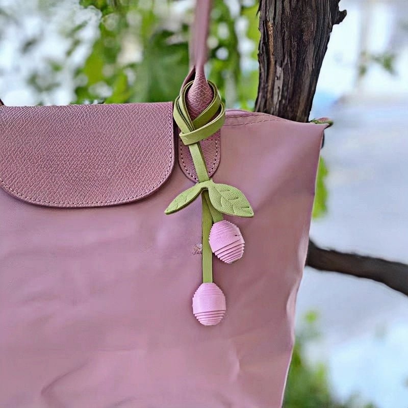 Handcrafted Leather Cherry Bag Charm – Full - Grain Cowhide, Nature - Inspired Design, Whimsical Accessory for Women, Elegant Gift Idea - shewearing