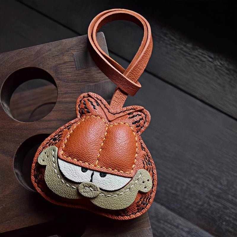 Handcrafted Leather Orange Cat Bag Charm – Cartoon Cat Design, Full - Grain Lambskin, Playful Accessory for Keys or Bags, Thoughtful Gift for Women - shewearing
