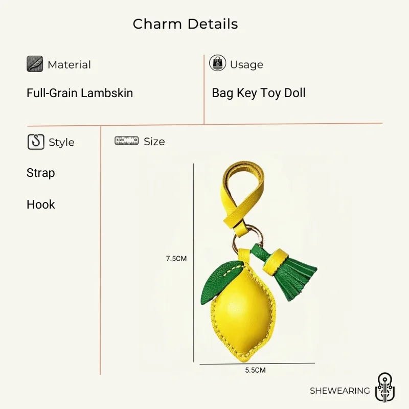 Handcrafted Lemon Bag Charm – Full - Grain Lambskin Key Accessory with Tassel, Artisan Design, Ideal Gift for Couples and Friends - shewearing