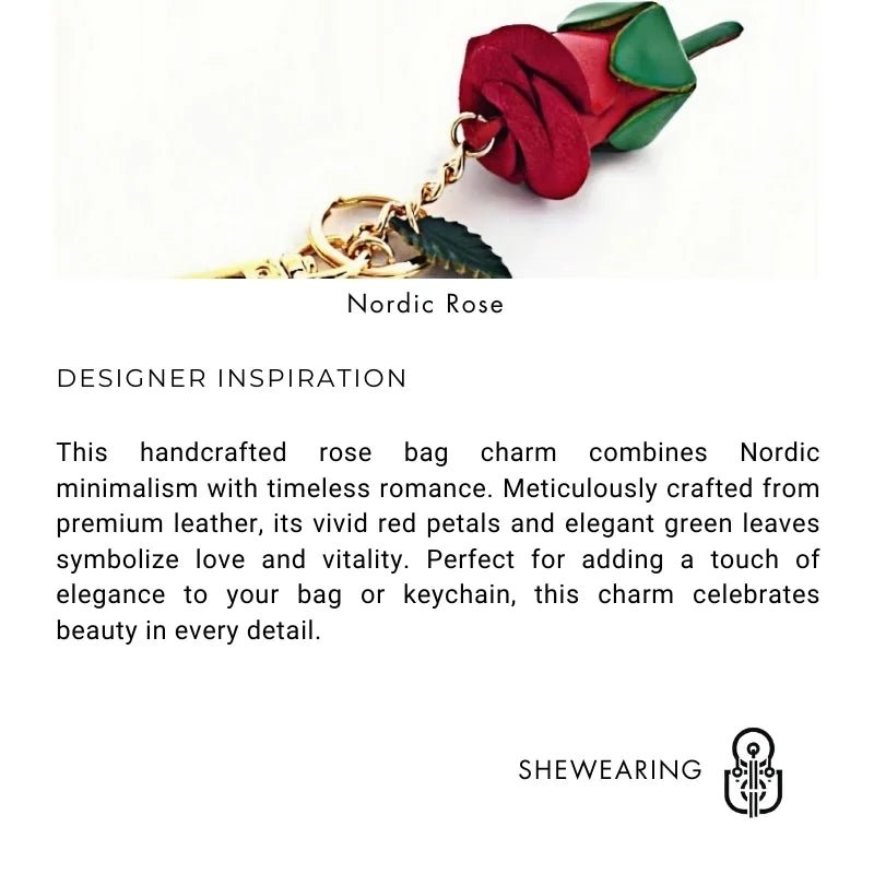 Handcrafted Nordic Rose Leather Bag Charm - Elegant Full - Grain Cowhide Flower Keychain and Bookmark for Bags - shewearing