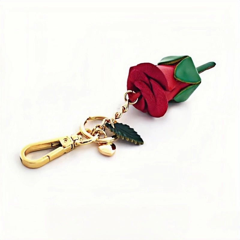 Handcrafted Nordic Rose Leather Bag Charm - Elegant Full - Grain Cowhide Flower Keychain and Bookmark for Bags - shewearing