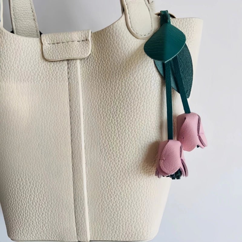 Handcrafted Pink Tulip Bag Charm in Premium French Lambskin – Elegant Floral Design for Bags and Keys, Artisan - Made Gift for Her - shewearing