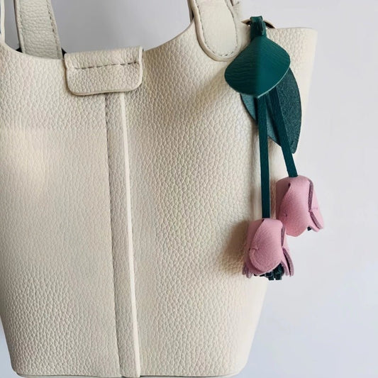 Handcrafted Pink Tulip Bag Charm in Premium French Lambskin – Elegant Floral Design for Bags and Keys, Artisan - Made Gift for Her - shewearing