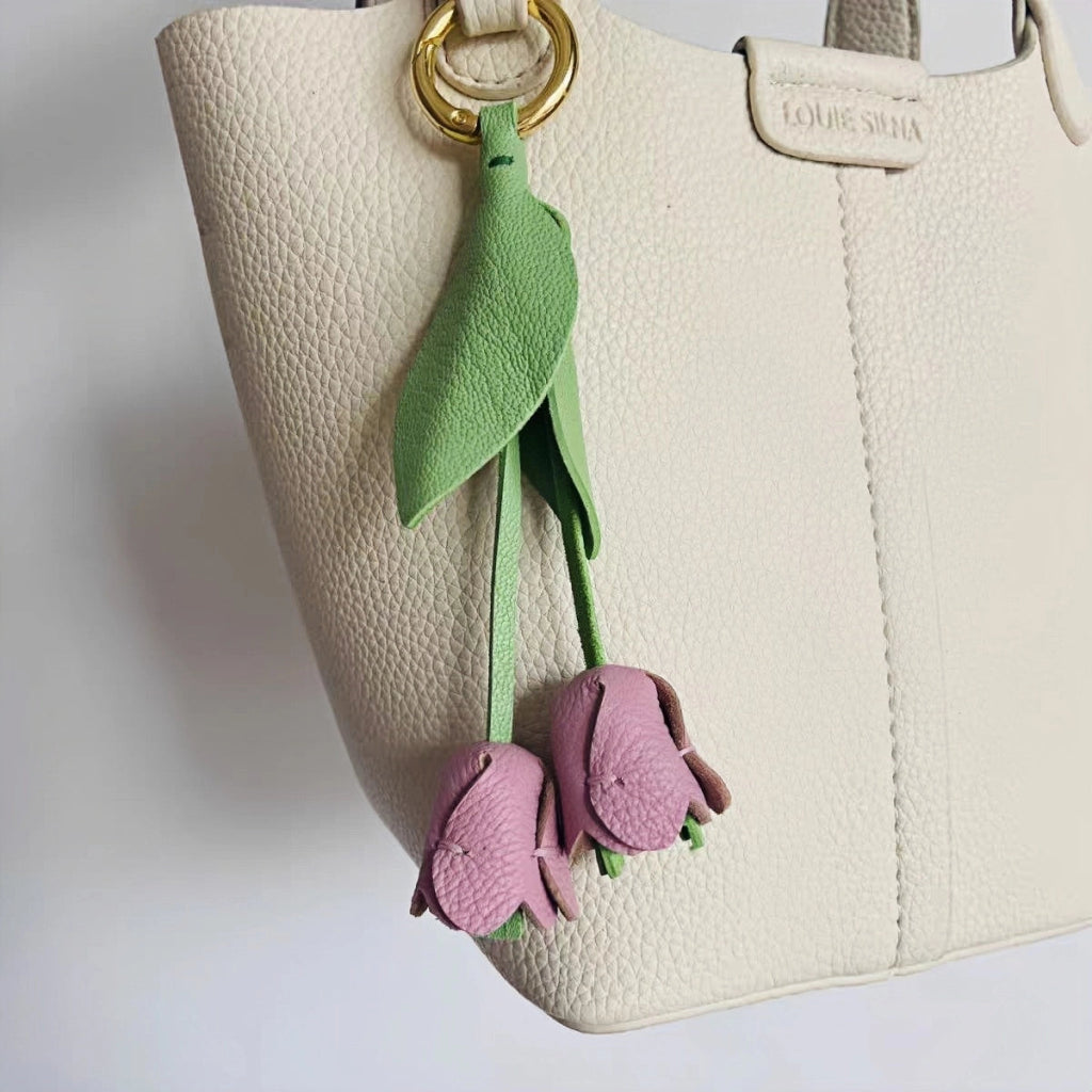 Handcrafted Pink Tulip Bag Charm in Premium French Lambskin – Elegant Floral Design for Bags and Keys, Artisan - Made Gift for Her - shewearing