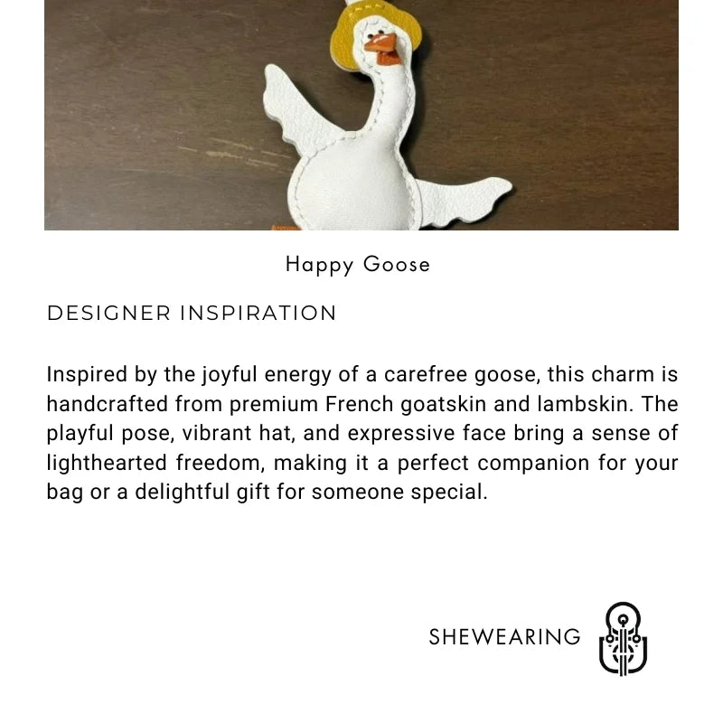 Happy Goose Leather Bag Charm – Handmade French Goatskin Pendant | Playful Animal Accessory | Exquisite Handcrafted Gift for Friends & Couples - shewearing
