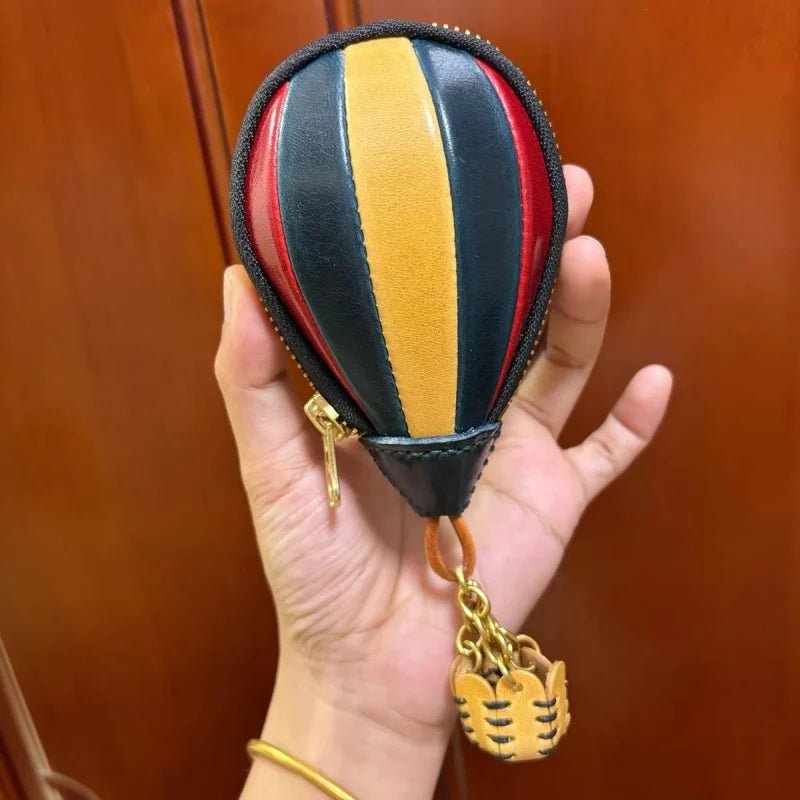 Hot Air Balloon Leather Bag Charm – Handmade Full - Grain Cowhide Keychain Pendant | Creative Zipper Pouch for Car & Purse Decoration - shewearing