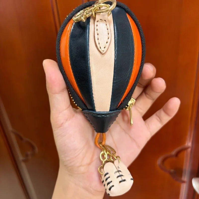 Hot Air Balloon Leather Bag Charm – Handmade Full - Grain Cowhide Keychain Pendant | Creative Zipper Pouch for Car & Purse Decoration - shewearing