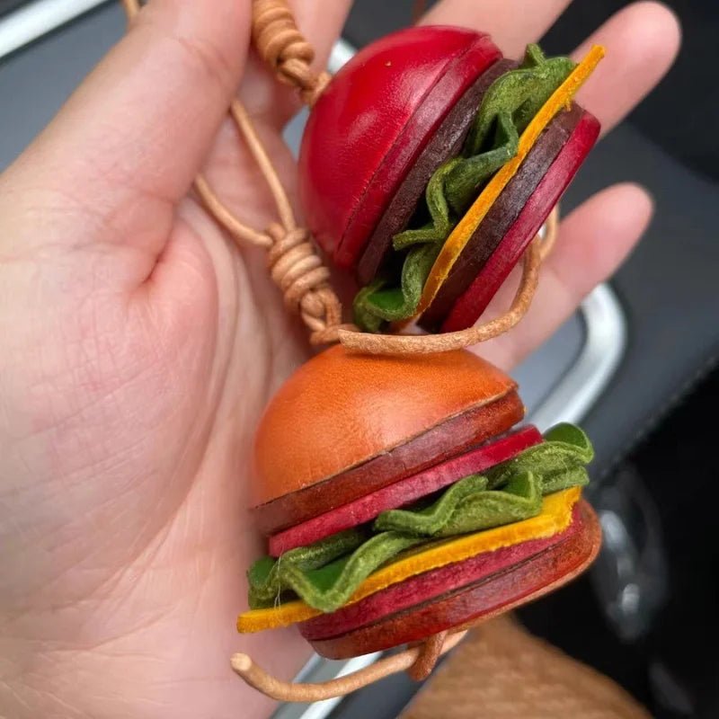 Mini Burger & Fries Leather Bag Charm Set – Handmade 3D Full - Grain Leather Accessories | Novelty Fast Food Pendant for Bags or Keys - shewearing