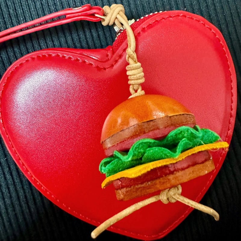 Mini Burger & Fries Leather Bag Charm Set – Handmade 3D Full - Grain Leather Accessories | Novelty Fast Food Pendant for Bags or Keys - shewearing
