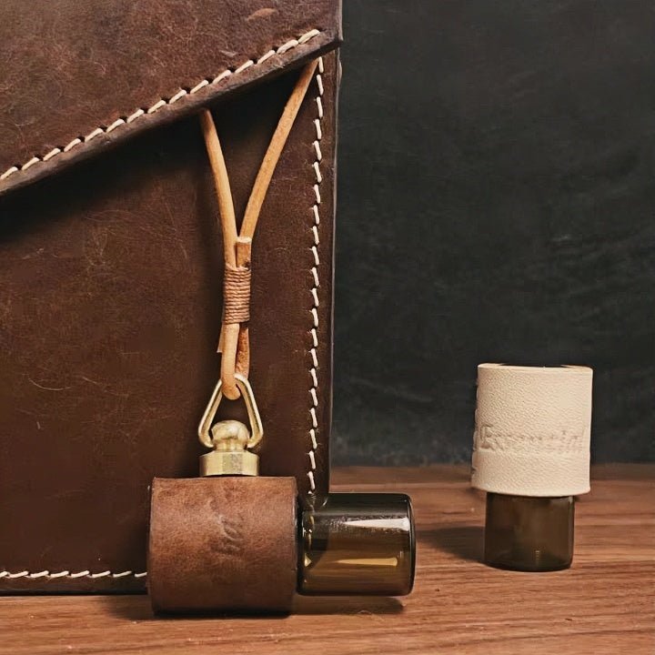 Minimalist Refillable Perfume Bottle Charm – Handcrafted Leather Aroma Pendant | Essential Oil Roller Keychain | Mosquito Repellent Bag Accessory - shewearing