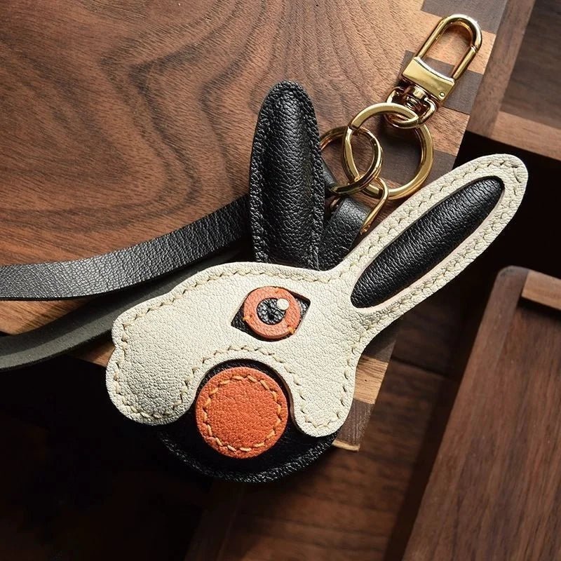 Modern Rabbit Leather Bag Charm – Handmade Two - Tone Bunny Keychain | Playful Minimalist Accessory | Cute Gift for Women - shewearing