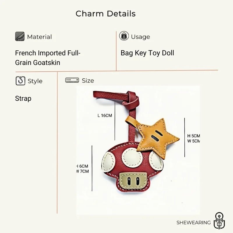 Mushroom & Star Handcrafted Leather Bag Charm – Whimsical Design, Full - Grain Goatskin, Playful Accessory for Bags or Keys, Perfect Gift for Her - shewearing