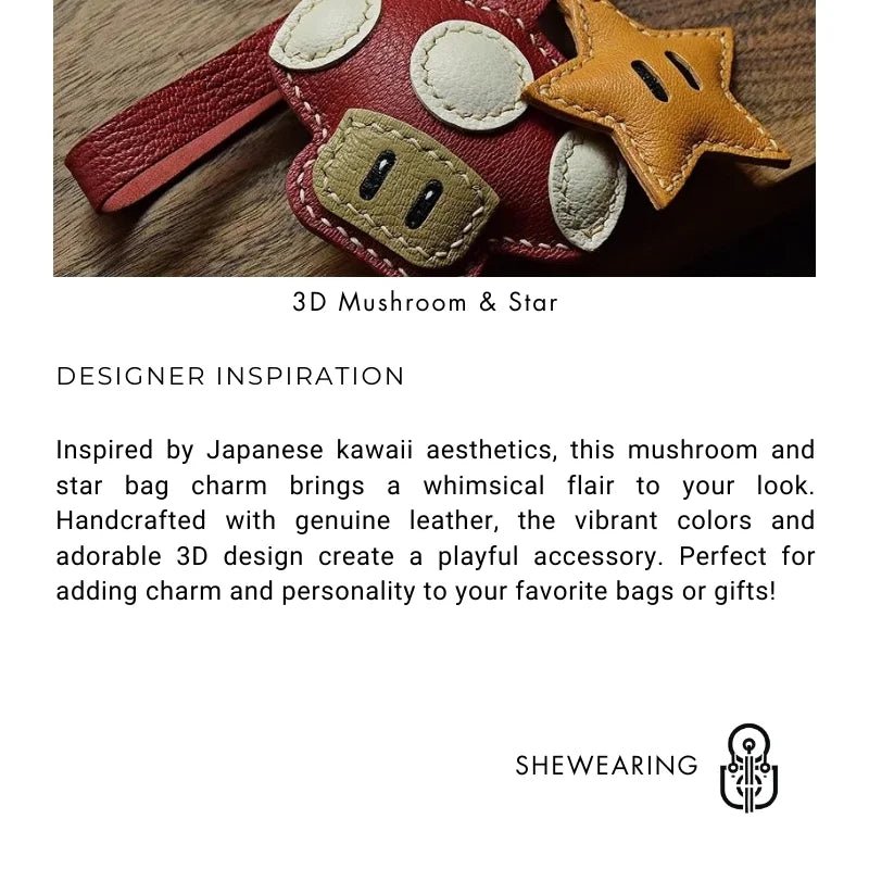Mushroom & Star Handcrafted Leather Bag Charm – Whimsical Design, Full - Grain Goatskin, Playful Accessory for Bags or Keys, Perfect Gift for Her - shewearing