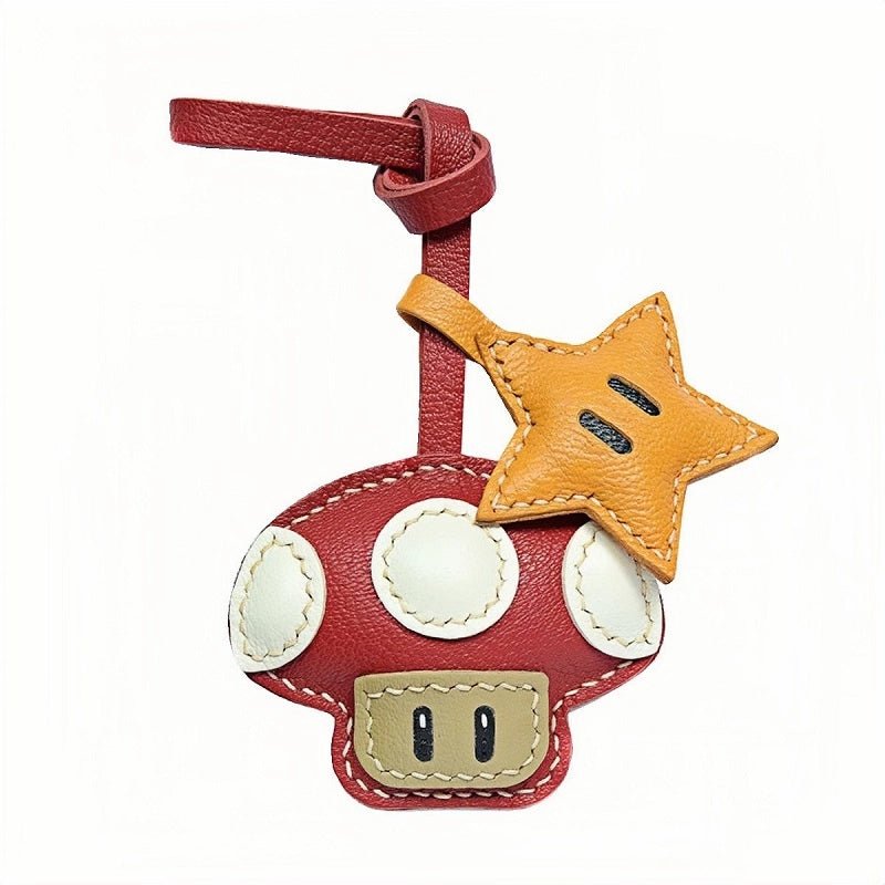 Mushroom & Star Handcrafted Leather Bag Charm – Whimsical Design, Full - Grain Goatskin, Playful Accessory for Bags or Keys, Perfect Gift for Her - shewearing