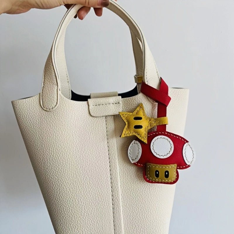 Mushroom & Star Handcrafted Leather Bag Charm – Whimsical Design, Full - Grain Goatskin, Playful Accessory for Bags or Keys, Perfect Gift for Her - shewearing