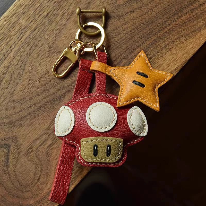 Mushroom & Star Handcrafted Leather Bag Charm – Whimsical Design, Full - Grain Goatskin, Playful Accessory for Bags or Keys, Perfect Gift for Her - shewearing