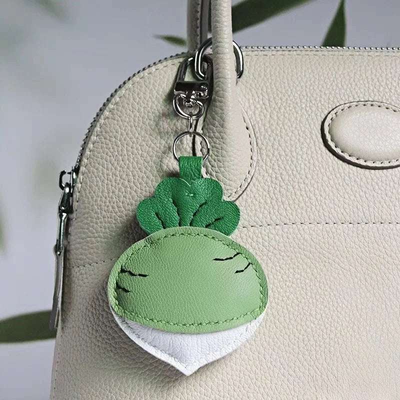 Original Design Leather Carrot Bag Charm – Handmade Lambskin Pendant, Cute Whimsical Keychain Accessory - shewearing