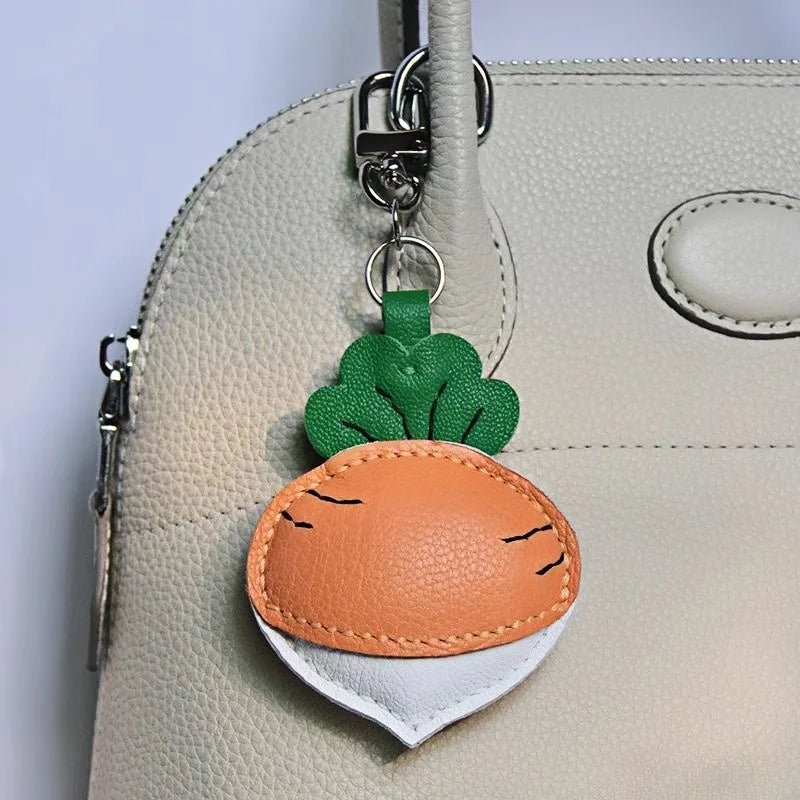 Original Design Leather Carrot Bag Charm – Handmade Lambskin Pendant, Cute Whimsical Keychain Accessory - shewearing