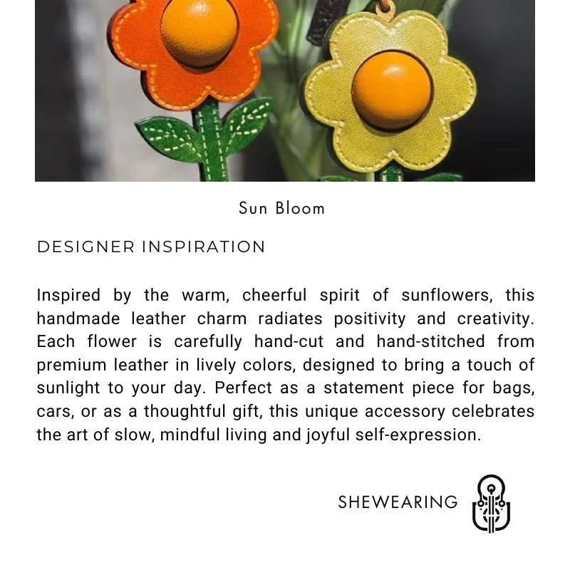Sunshine Bloom Leather Flower Bag Charm – Artistic Handcrafted Sunflower Pendant | Unique Small - Batch Design | Chic Gift & Car Accessory - shewearing