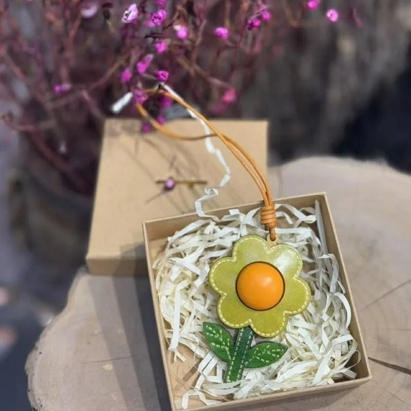 Sunshine Bloom Leather Flower Bag Charm – Artistic Handcrafted Sunflower Pendant | Unique Small - Batch Design | Chic Gift & Car Accessory - shewearing
