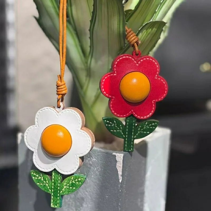 Sunshine Bloom Leather Flower Bag Charm – Artistic Handcrafted Sunflower Pendant | Unique Small - Batch Design | Chic Gift & Car Accessory - shewearing
