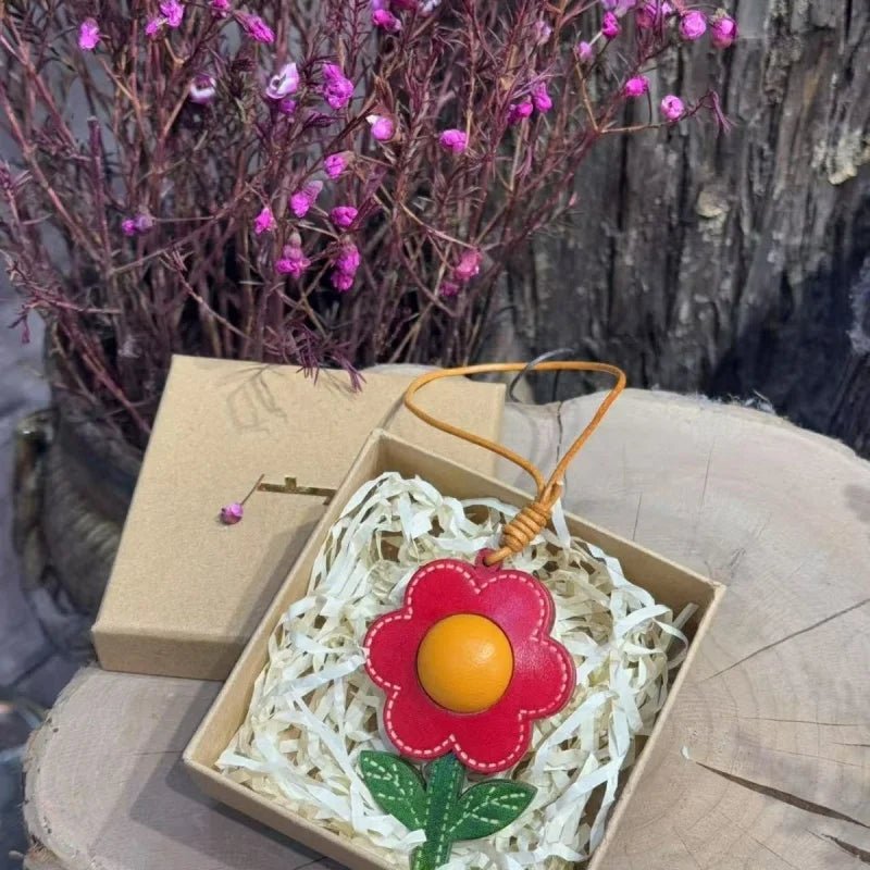 Sunshine Bloom Leather Flower Bag Charm – Artistic Handcrafted Sunflower Pendant | Unique Small - Batch Design | Chic Gift & Car Accessory - shewearing