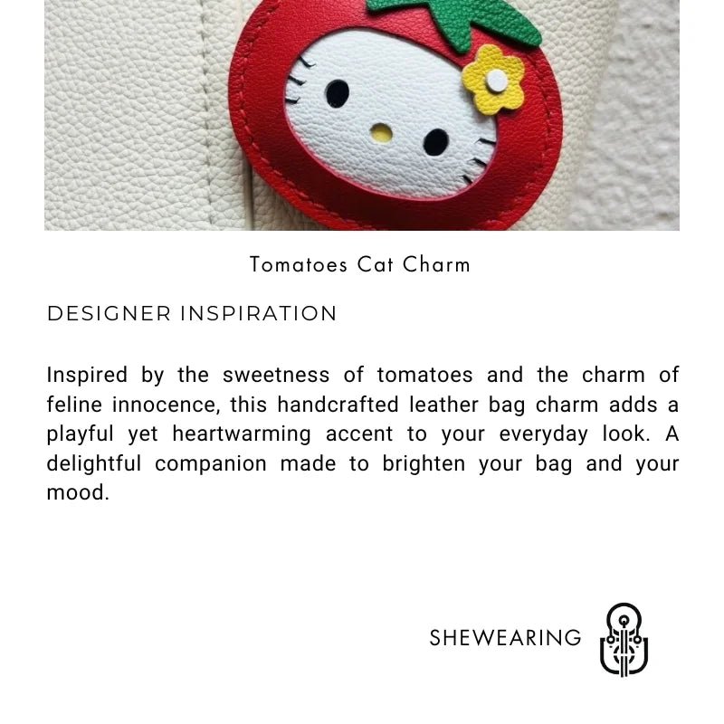 Tomato Cat Leather Bag Charm – Handmade Lambskin Animal Keychain | Cute Cartoon Pendant | Sweet Gift for Bags & Keys - shewearing