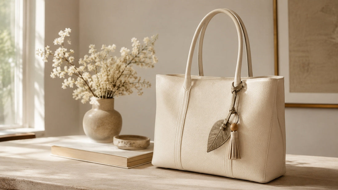 Elegant leather bag charm on a cream structured handbag.