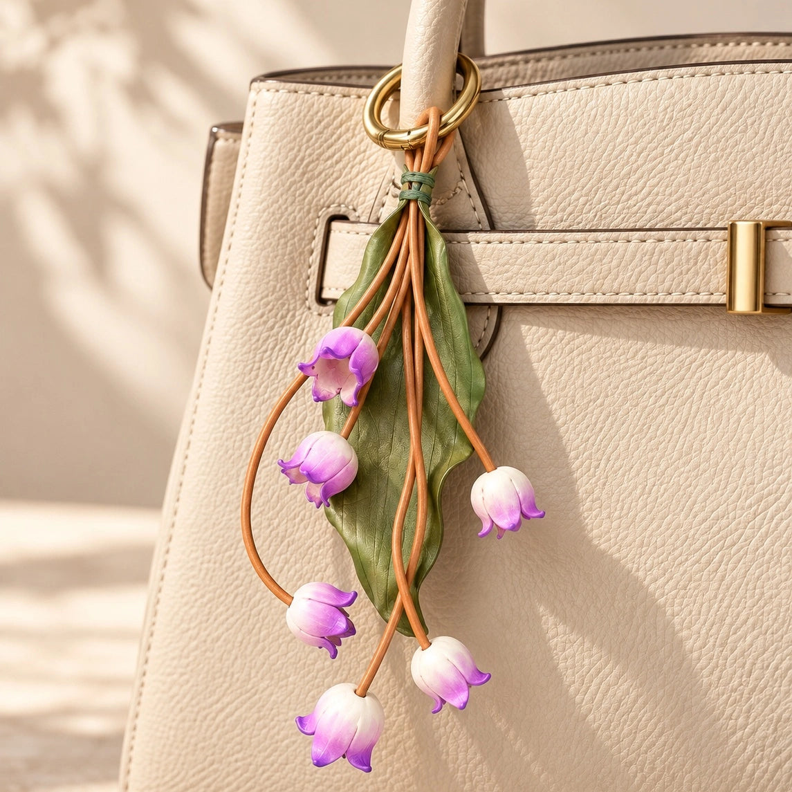 Close-up of lavender bell-shaped cowhide leather bag charm attached to a cream handbag handle with a gold-tone ring