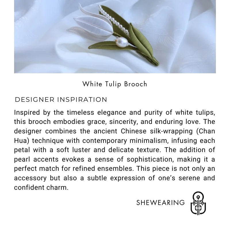 White Tulip Silk-Wrapped Brooch – Handmade Chan Hua Jacket, Shirt & Scarf Accessory | Elegant Couple Gift | Traditional Silk Flower Pin