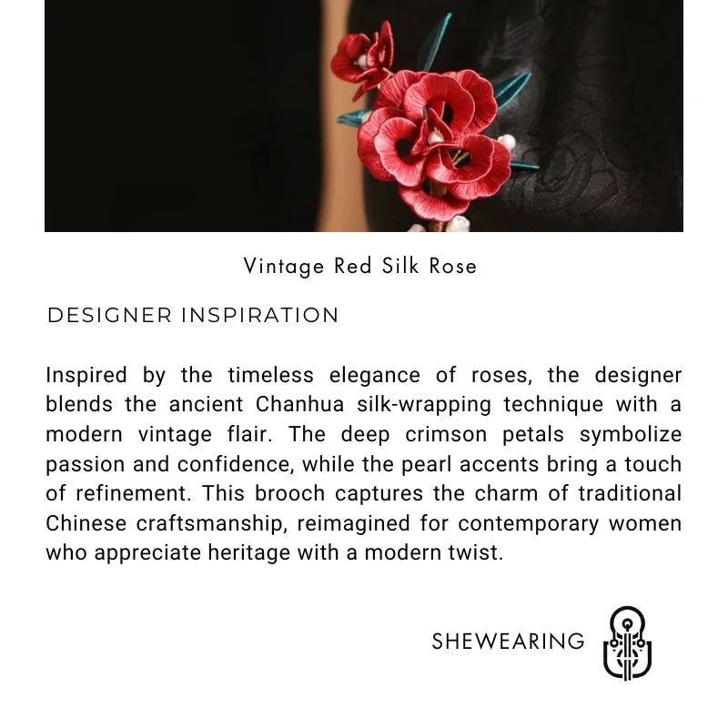 Silk-Wrapped Rose Brooch – Handmade Chan Hua Vintage Red Floral Pin for Coats and Dresses