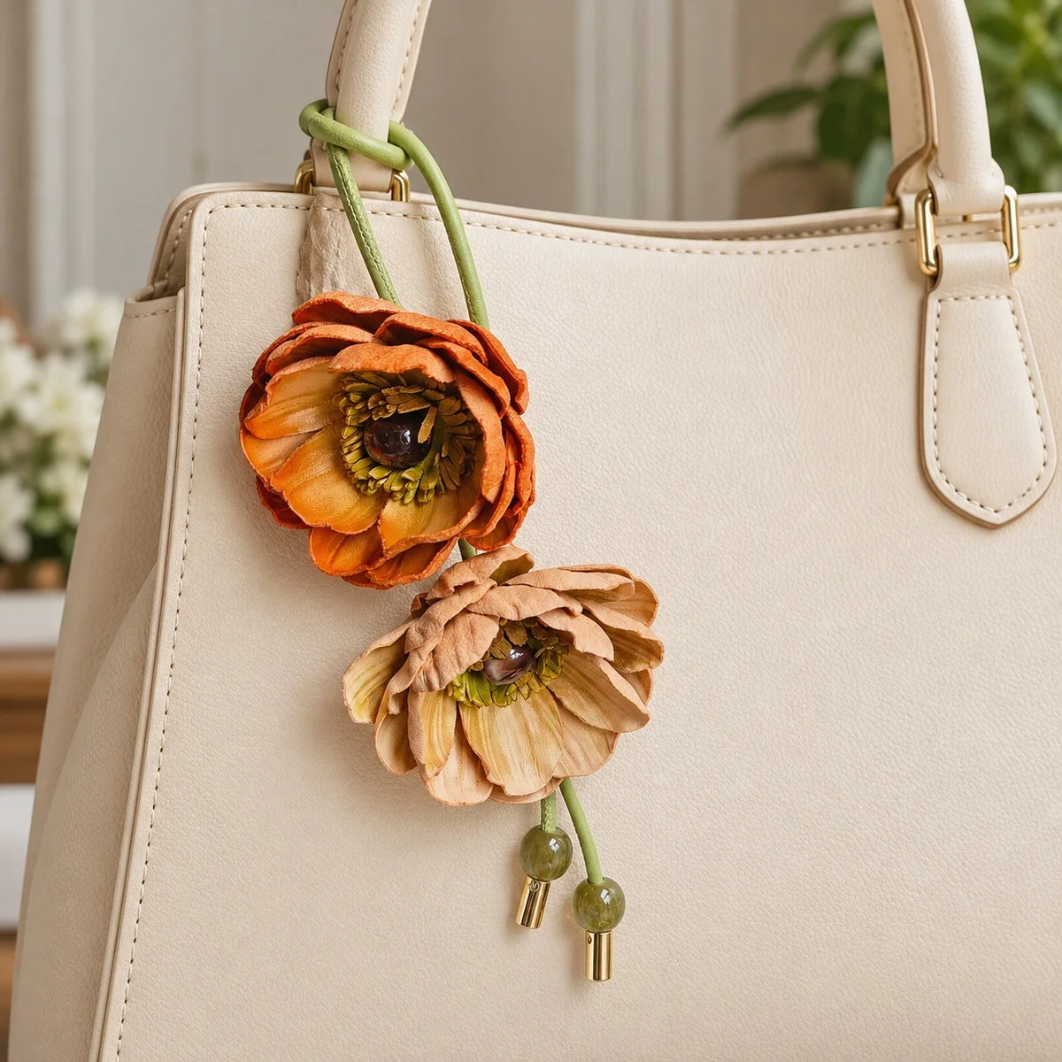 Orange and sand double bloom leather charm hanging from an ivory handbag, with olive-green cord and decorative beads.