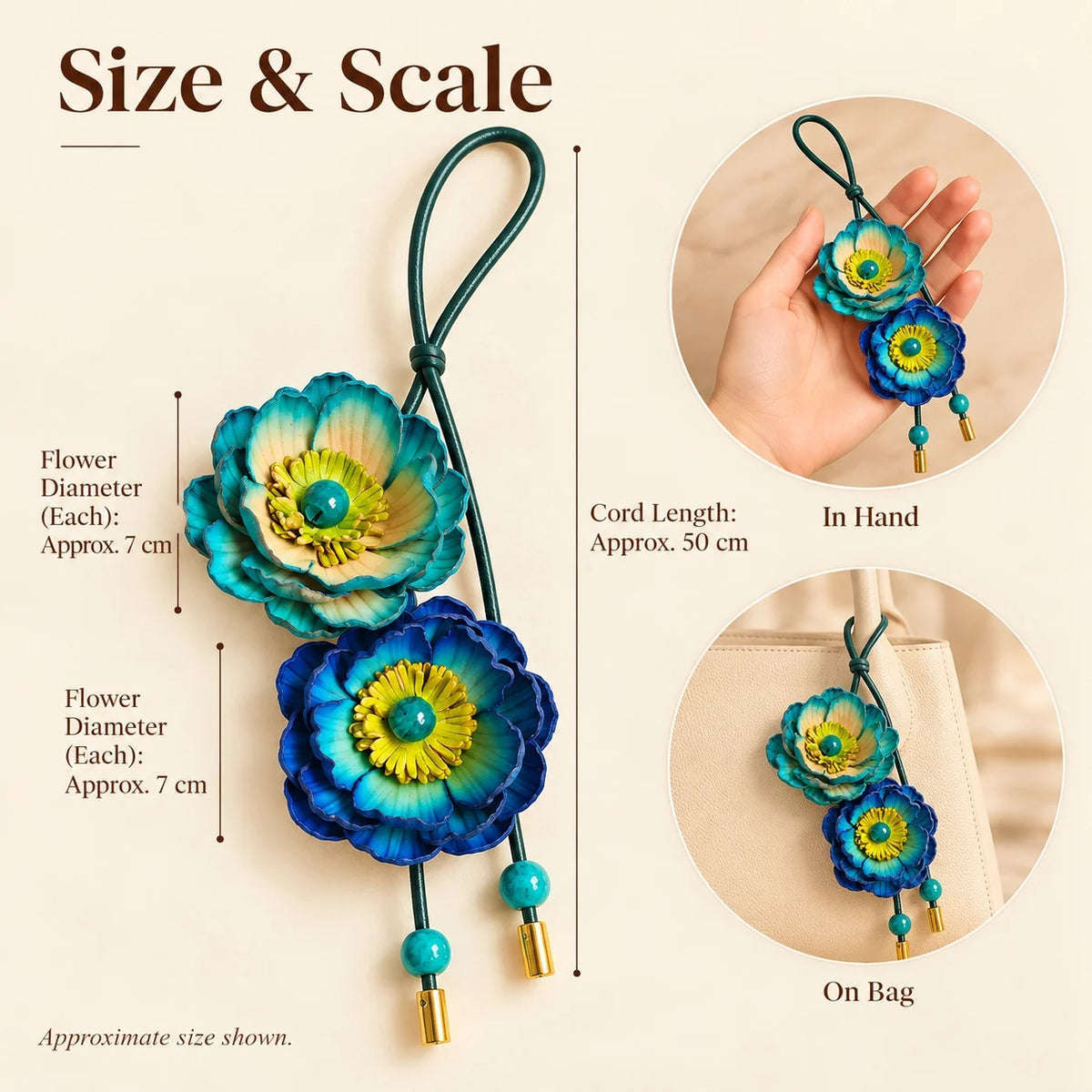 Size and scale guide for a blue and teal double bloom leather bag charm, showing approximately 7 cm flowers and 50 cm cord length.