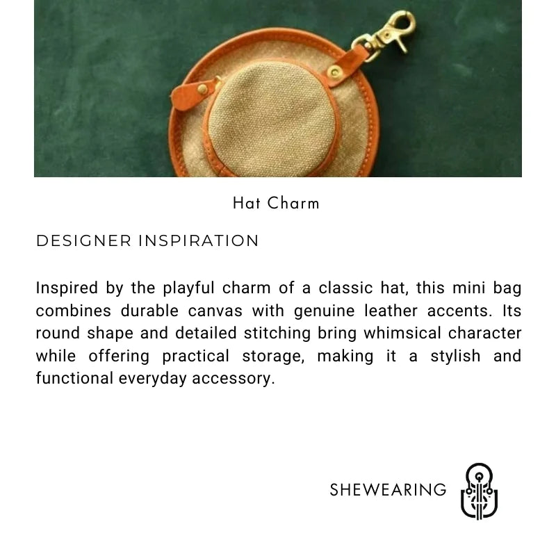 Vintage Canvas & Leather Hat Charm – Mini Lipstick Holder Coin Purse | Creative Bag Pendant Accessory | Cute Retro Organizer with Zipper