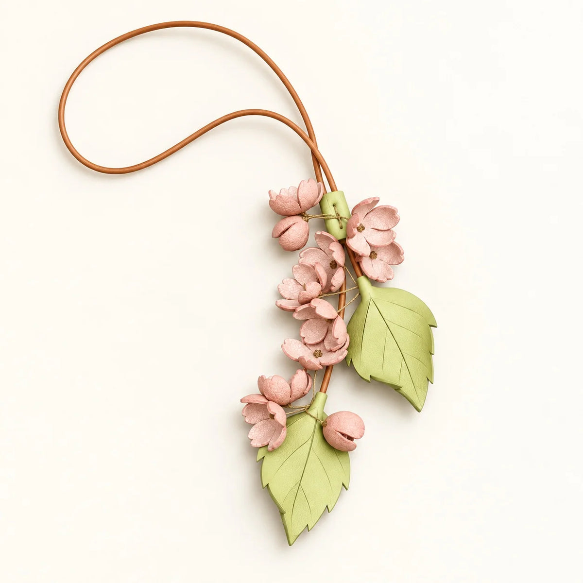 Cherry Blossom Cascade bag charm with blush pink flower clusters, two pale green leaves, and a brown cord loop on an ivory background.