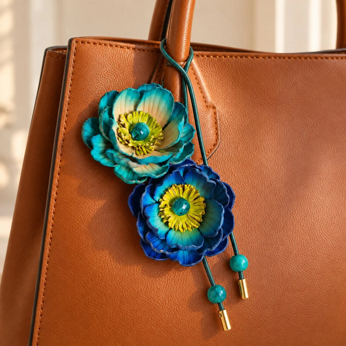 Close-up of a teal and blue double floral leather bag charm hanging from the handle of a cognac structured leather tote.