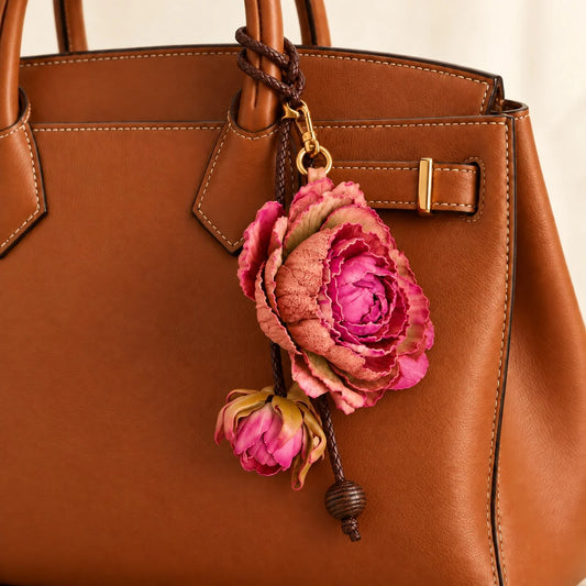 Large pink sculpted rose leather bag charm attached to a cognac structured handbag with braided brown cord and gold-tone clasp